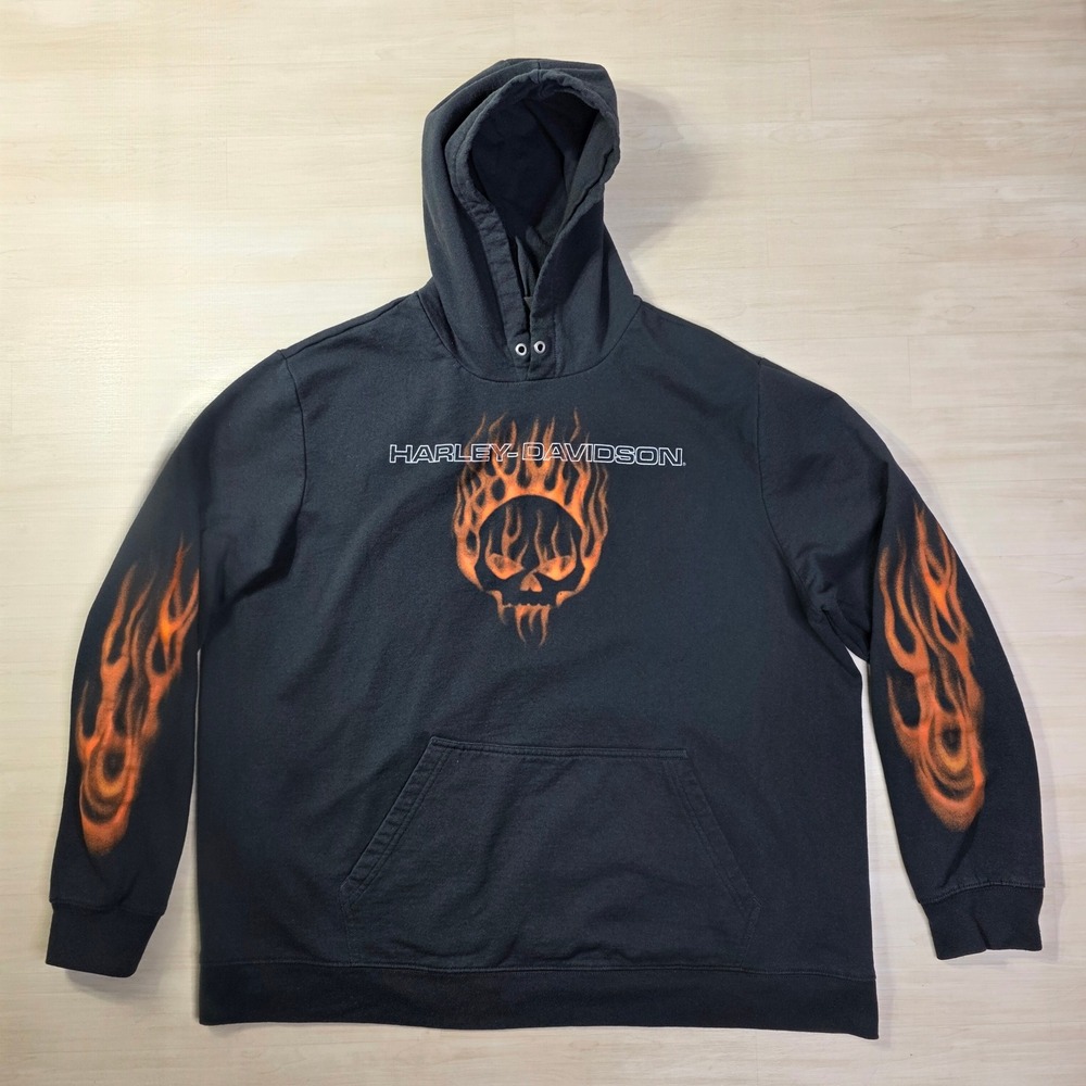 Harley Davidson Skull Flames Hoodie‎ Sleeve Hits Black Size 2XL Mens